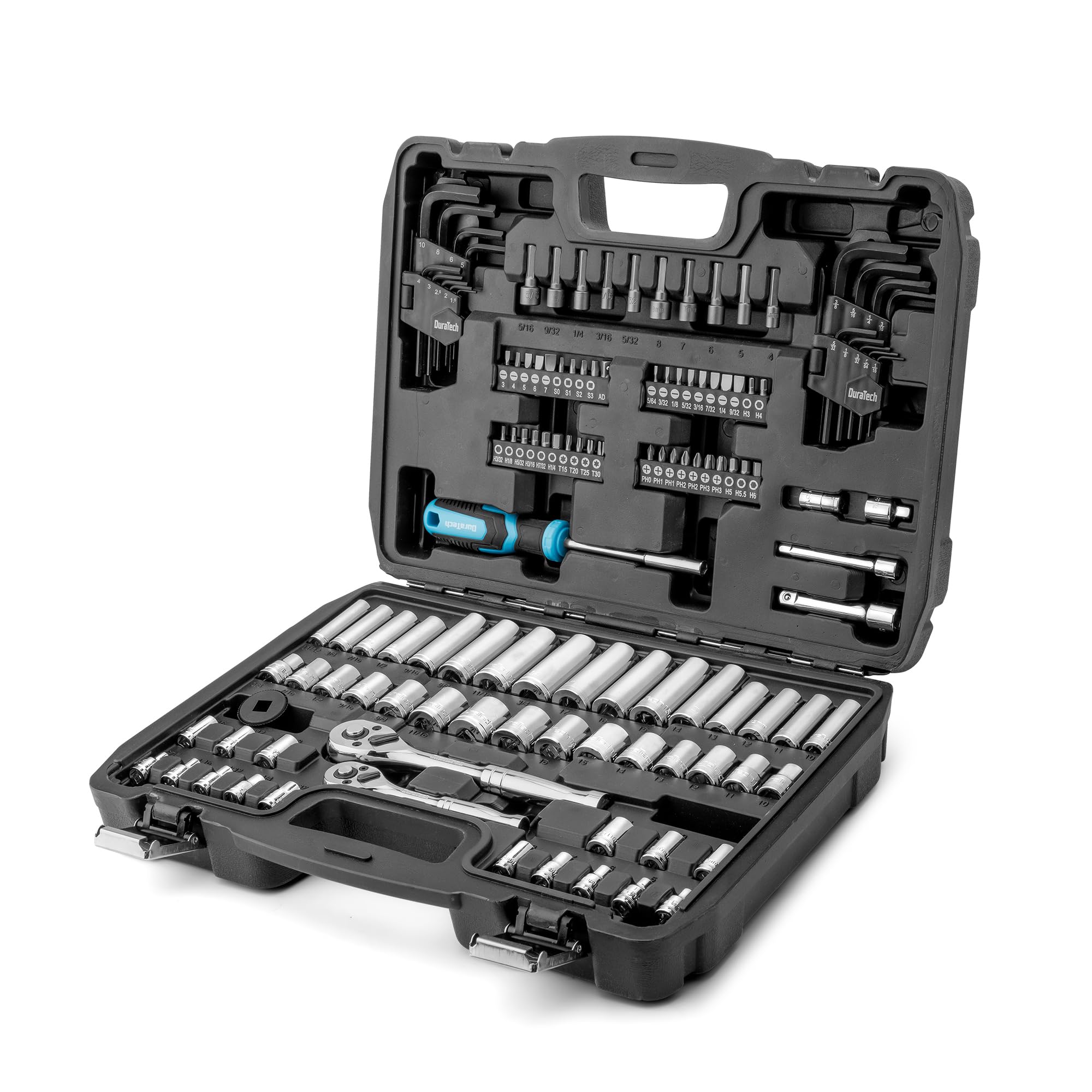 Photo 1 of DURATECH 121-Piece Mechanics Tool Kits, Include SAE/Metric Sockets Set, 72-Tooth Drive Ratchet, 40-in-1 Magnetic Screwdriver, and Hex Keys with Carrying Tool Box for Auto Repair