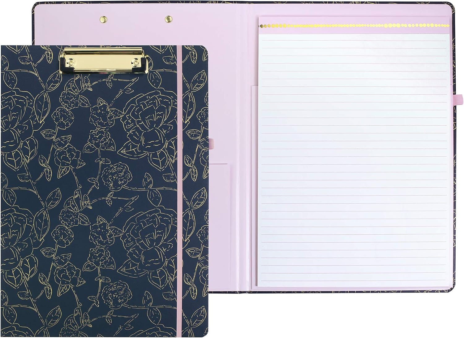 Steel Mill & Co Cute Clipboard Folio with Refillable Lined Notepad and Interior Storage Pocket, Padfolio for Work Navy Floral