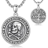 MEIDERBO Memento Mori Necklace 925 Sterling Silver Skull Pendant Hourglass Tree of Life Memento Mori Jewelry Gifts for Men Women