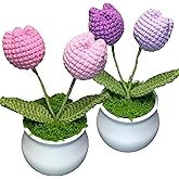 H&W 2PCS Crochet Gradient Tulips Flowers, Cute Little Potted Flower, Gift for Birthday, Teacher’s Day, Graduation, Anniversary, Decor for Car Dashboard,Home Office Decoration (Purple & Pink)
