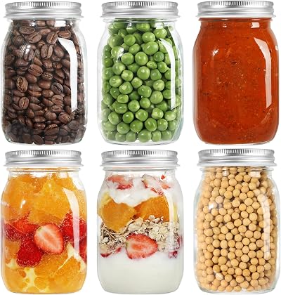 LIMILI 6 Pack Glass Jars 500ml/16oz with Lids for Food Storage & Meal Prep