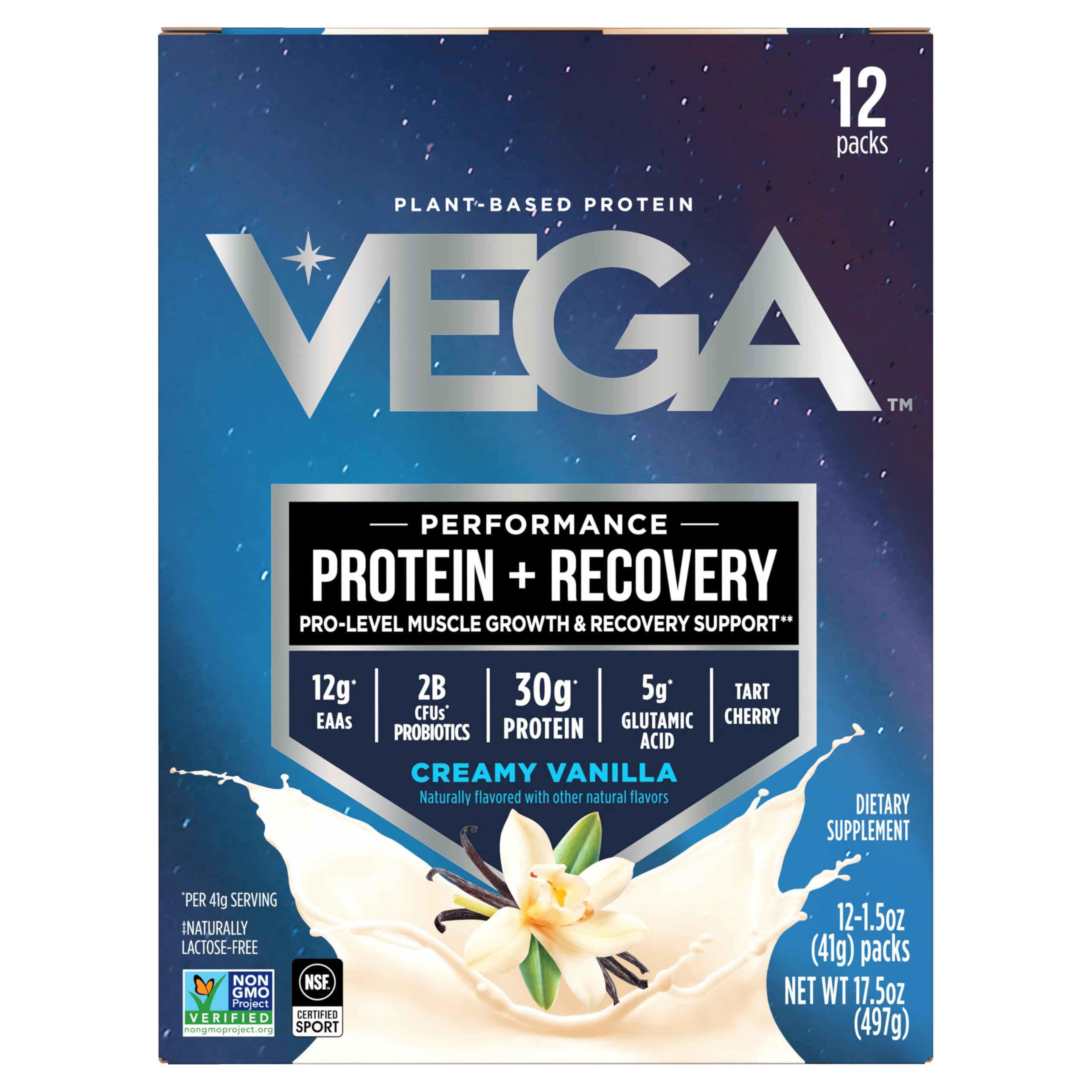 Vega Protein + Recovery – 30g Plant-Based Protein per Serving, Vanilla, 12 x 1.6oz Sachets, 5g BCAAs, Probiotics, NSF Certified, for Shakes & Smoothies, (Packaging May Vary)