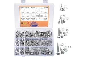QIWUHAI 520 Pcs Hex Head Bolts and Nuts and Flat Washers Assortment Kit, M3/M4/M5/M6 Heavy Duty Stainless Steel Fully Threaded Machine Screws and Nuts Bolts and Washers Kit(520 Silver)