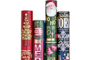 RUSPEPA Christmas Wrapping Paper - Santa Claus, Snowman, Christmas Tree and Bell Design - 4 Rolls - 30 Inches x 10 Feet Per Roll
