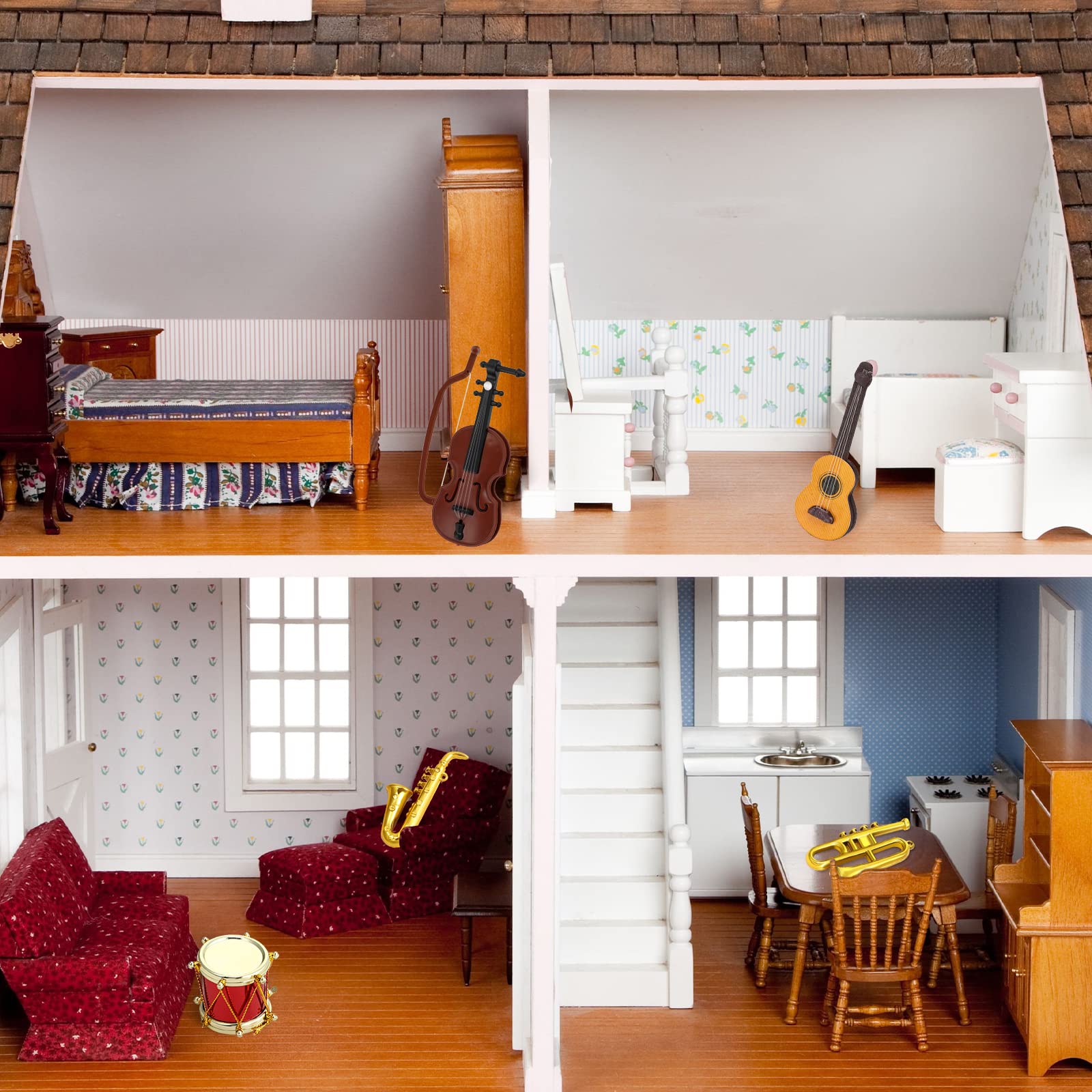 Dollhouse Miniature Musical Instrument Set in 1:12 Scale, Mini Dollhouse Musical Instrument Model Includes Violin Piano Trumpet Saxophone Electric Guitar, Model Accessory F
