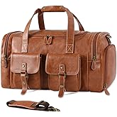 Zeroway PU Leather Travel Duffel Bag with Shoe Pouch Large Carry on Bag Waterproof Weekender Overnight Bag for Men Women Brown