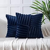 All Smiles Couch Decorative Throw Pillow Covers 18x18 Set of 2 Faux Fur Plush Soft Fluffy Velvet Cushion Case Cozy Fuzzy Striped Pillowcase Home Decor for Bed Sofa Living Room,Navy Blue