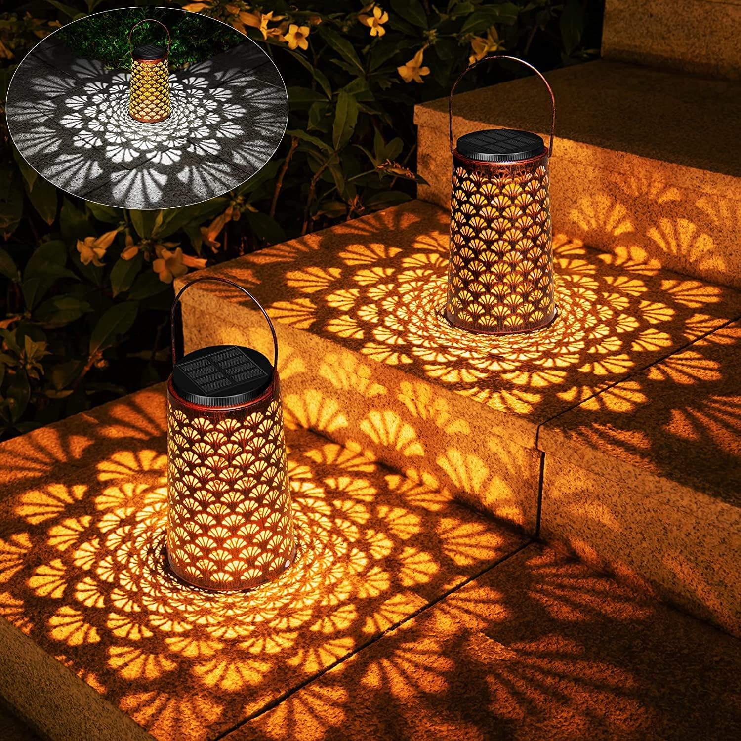 Solar Lanterns for The Garden, COLBOR 2 Pack Hanging Outdoor Solar Lights 2 Modes Warm/Cool Light Solar Metal Lantern IP55 (Shell Form) for Yard Balcony Lawn, Solar-Lanterns-Outdoor-Decorative-Light