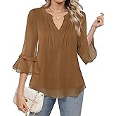 Furnex Womens 3/4 Sleeve Tops Dressy Casual Elegant Blouses V Neck Shirts Floral Double Layered Chiffon Tunic