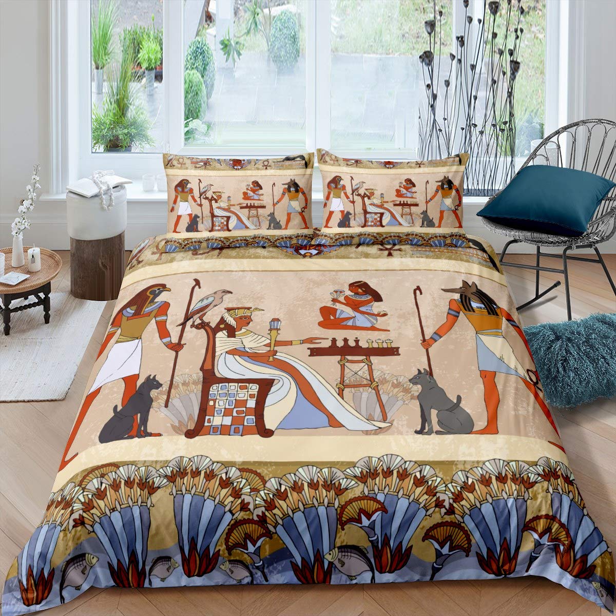 Loussiesd Pharaoh Duvet Cover Ancient Egypt Culture Bedding Set for Kids Boys Girls Egyptian Tribe Comforter Cover Retro Western Bedspread Cover Bedroom Collection 3Pcs Super King Size