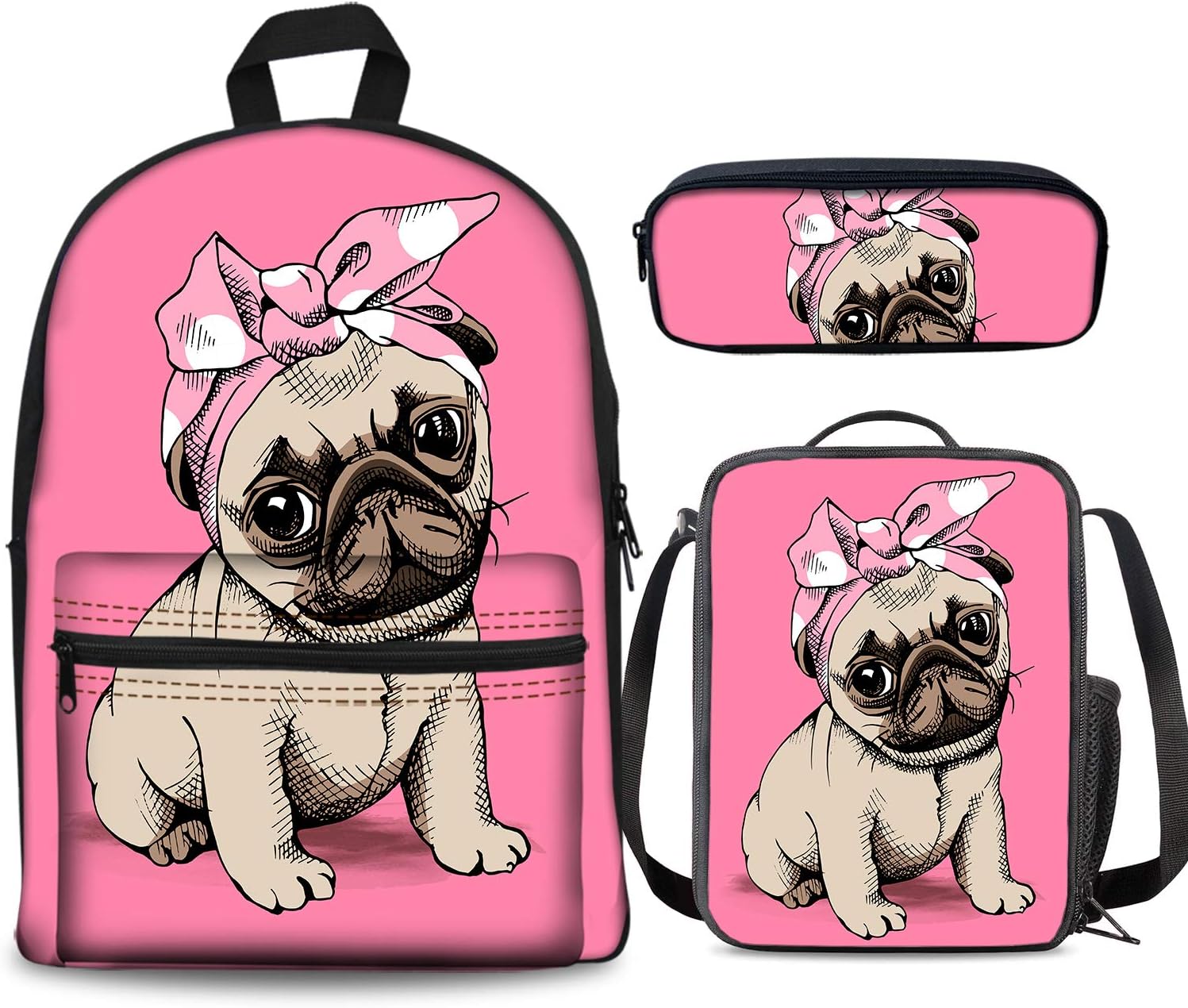 PrelerDIY Cute Pink Pug Backpack Set 3 Piece 15 Inch Book Bag Lunch Box Pencil Case for Boys Girls 1-6th Grade Kids Back to School