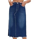 CIMUK Women's Long Denim Skirt Elastic Waist Split Back Pockets Maxi Jean Skirts