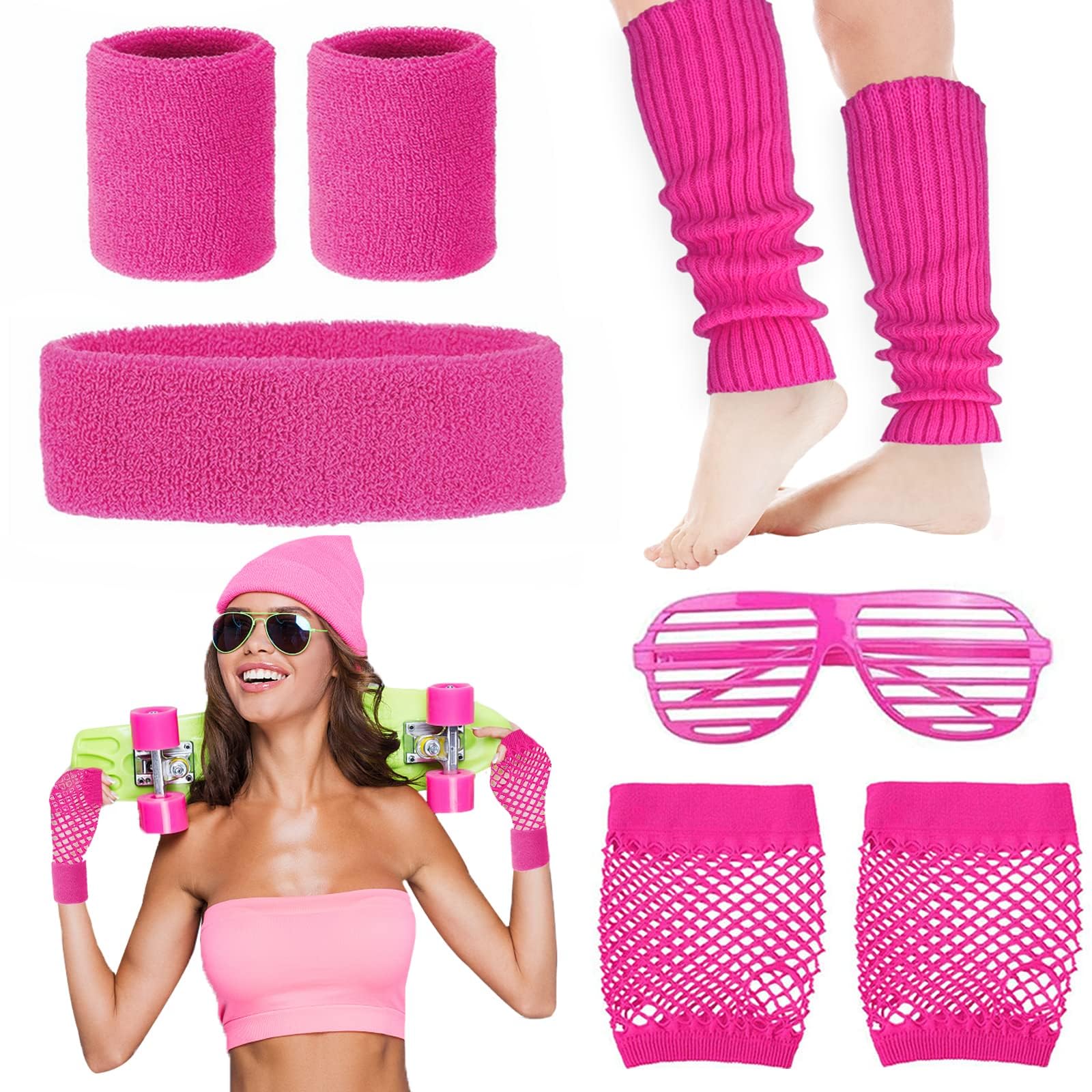Carreuty 8Pcs Women Ladies 80s Accessories, Pink 80s Fancy Dress Accessories for Women with Leg Warmers 80 Wristband Leg Gloves Headband Glasses World Book Day Fancy Dress