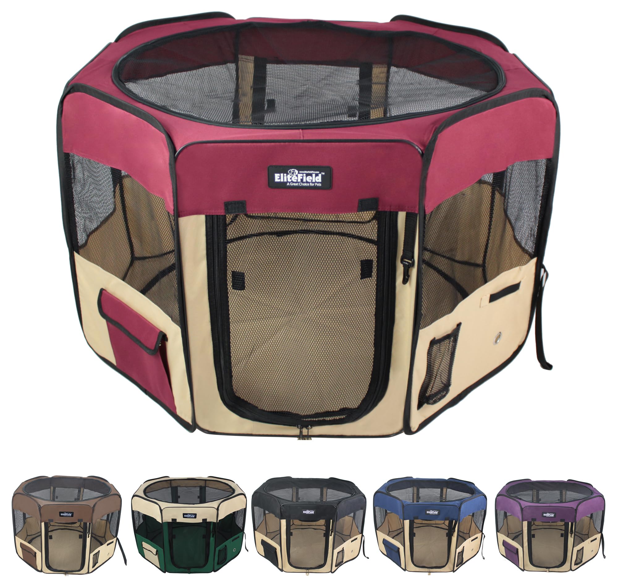 EliteField 2-Door Soft Pet Playpen, Exercise Pen, Multiple Sizes and Colors Available for Dogs, Cats and Other Pets (48" x 48" x 32"H, Maroon+Beige)
