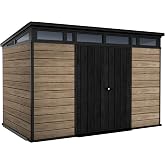Keter Signature Collection 11x7 Ft All-Weather Storage Shed with Skylight, Window, Built-in Ventilation, &amp; Lockable Double Doors, Pine