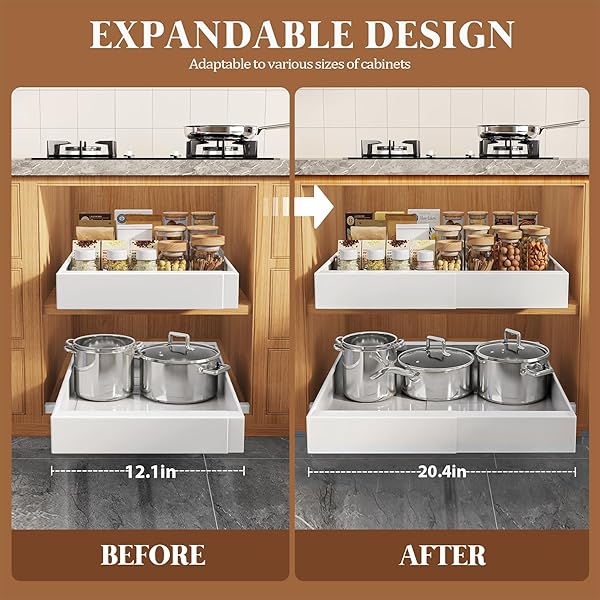 SEINLOES 4 PACK EXPANDABLE PULL OUT CABINET ORGANIZER 21″DEEP WITH RAISING PAD FOR FRAMED CABINETS,UPGRADE 3 SLIDE RAILS SLIDE OUT DRAWERS,NO DRILL ROLL OUT SHELVES,ADJUSTABLE WIDTH 12.1″-20.4″ WHITE