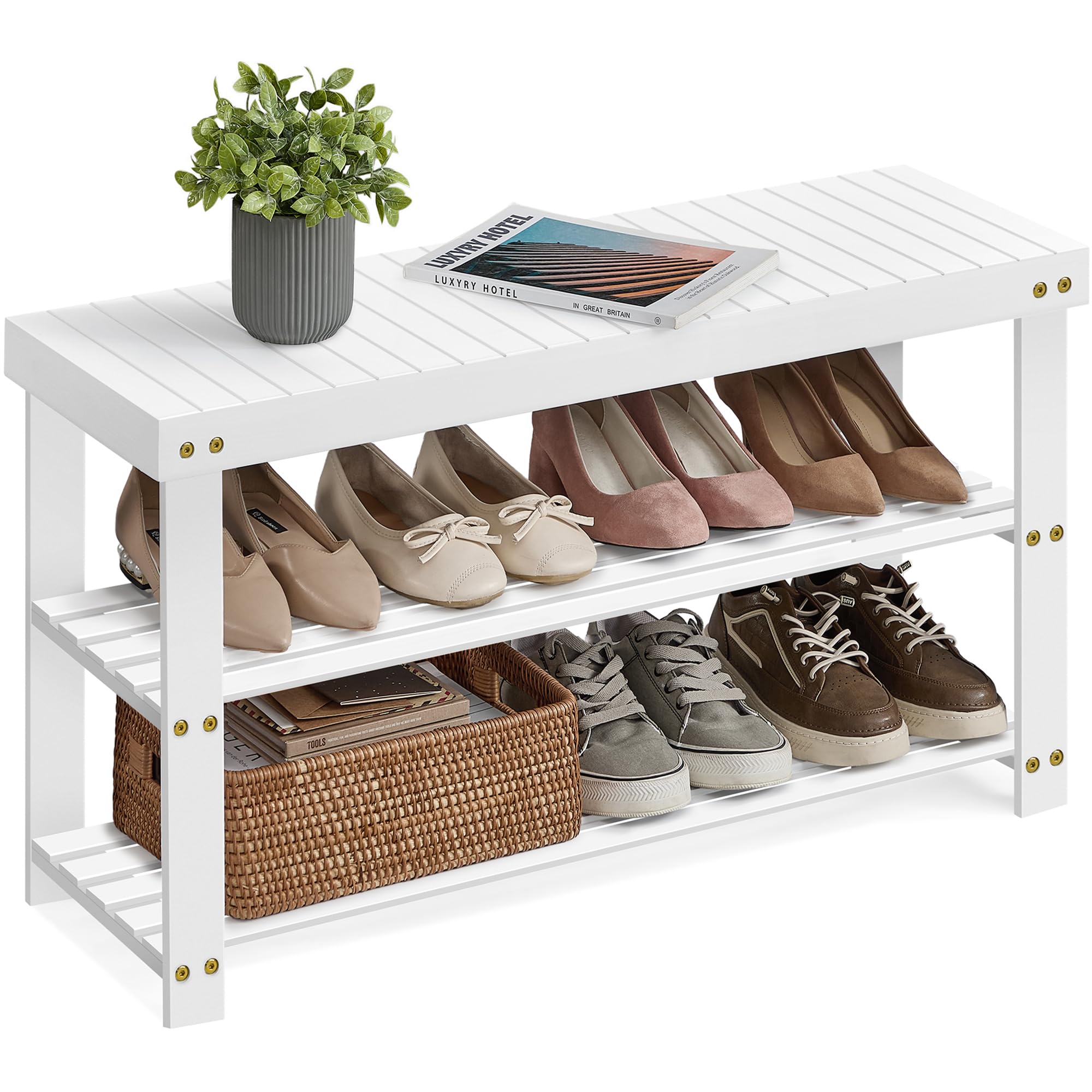 SONGMICS Shoe Rack Bench, 3-Tier Bamboo Shoe Storage Organizer, Entryway Bench, Holds Up to 286 lb, 11.3 x 35.4 x 17.8 Inches, for Entryway Bathroom Bedroom, Cloud White ULBS090W01 Image