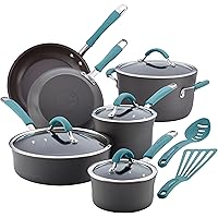 Rachael Ray Cucina Hard Anodized Nonstick Cookware Pots and Pans Set, 12 Piece, Gray with Blue Handles