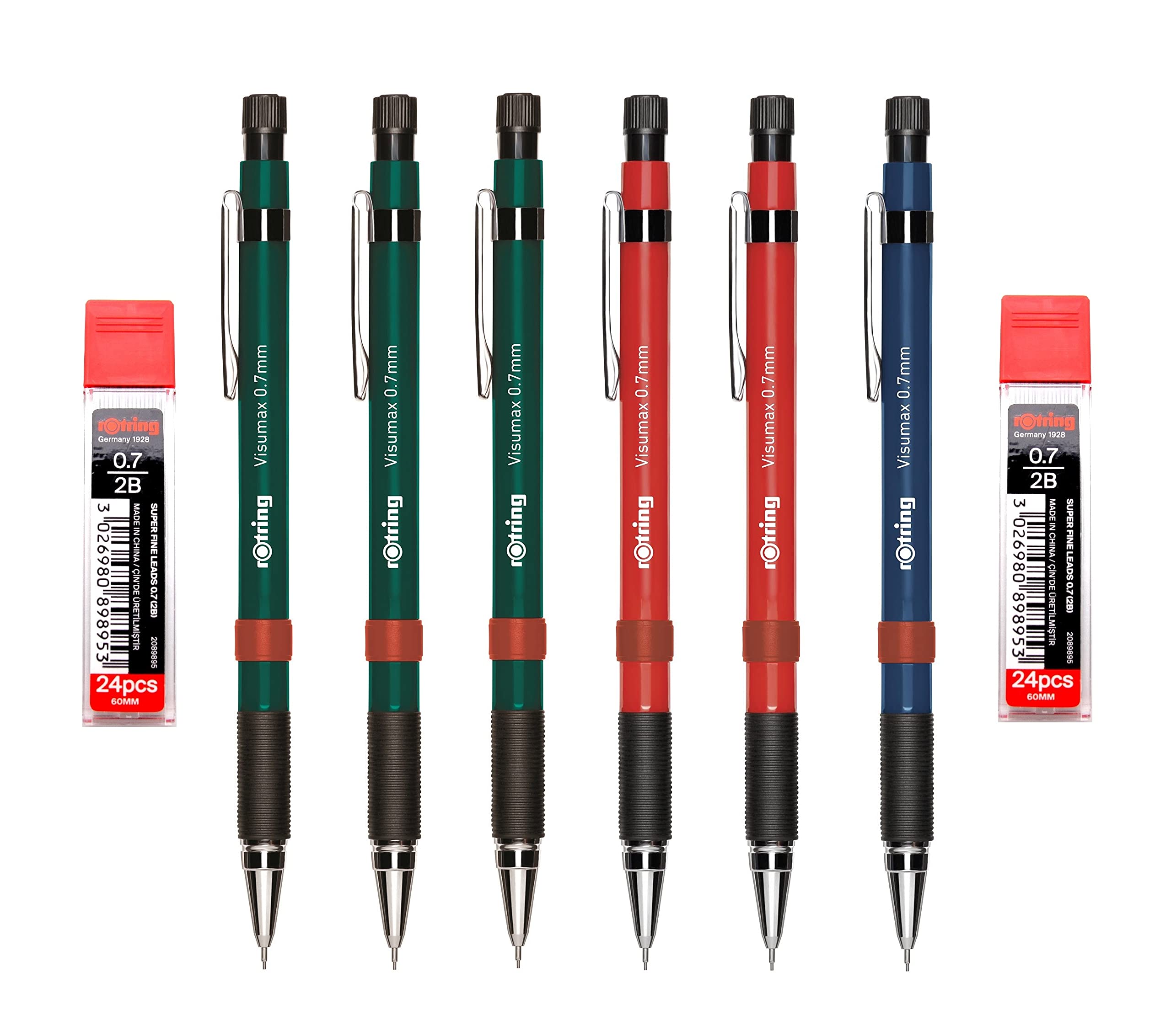 Rotring Visumax Mechanical Pencils - 0.7mm - Pack of 6 Pencils + 48 Super Polymer Lead Refills - Twist Out Eraser - Rubber Grip - Refillable - Assorted Barrel Colours