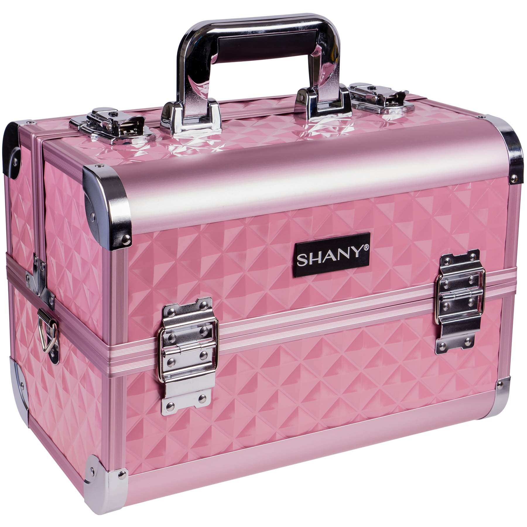 SHANY Premier Fantasy Professional Makeup Train Case Cosmetic Box Portable Makeup Case Organizer Jewelry storage with Locks, 3 Trays, Makeup Brush Holder and Cosmetics Mirror – Pink Diamond
