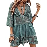 Eomenie Women's Contrast Lace Bathing Suit Cover Up V-Neck Swimsuit Coverups Loose Swimwear Beach Dress Beachwear