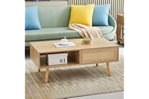 Ganooly Mid Century Modern Coffee Table with Storage, 41.3 Inch Rectangle Wooden Accent Center Tables with Sliding PE Rattan Woven Door Panel and Solid Wood Legs, Suitable for Living Room, Apartment