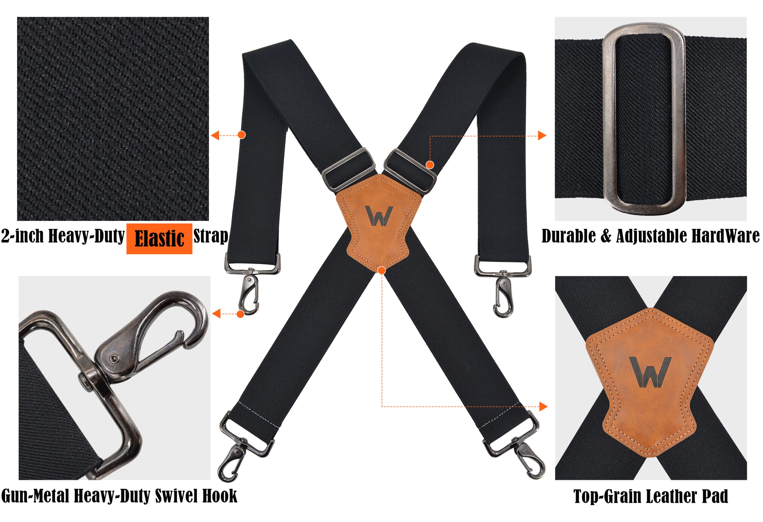 WELKINLAND 2Inch-Wide Full Elastic Suspenders, Heavy Duty Men's Work Suspenders with Hooks