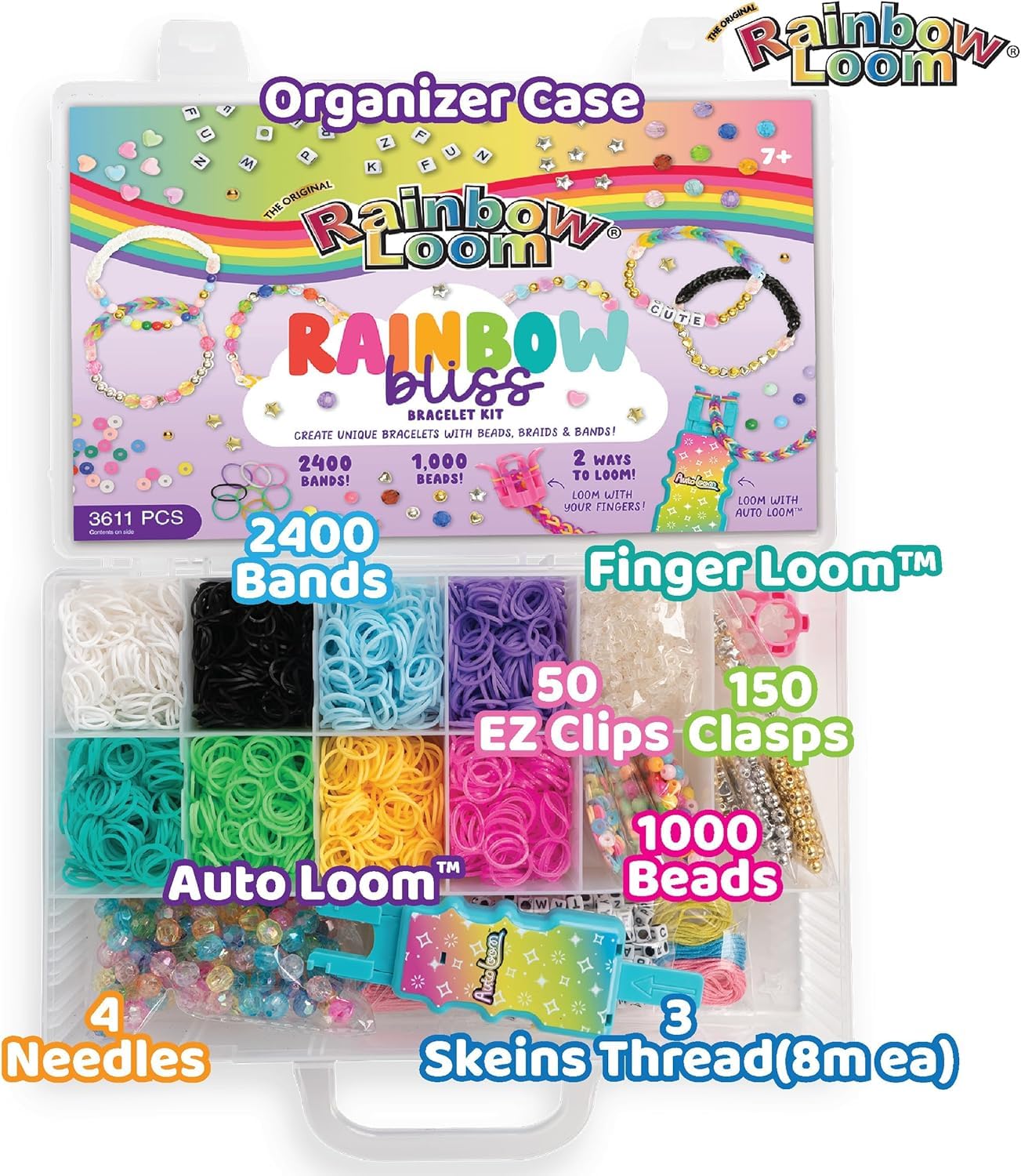 Rainbow Loom: 2,400 Bands & 1,000 Beads AutoLoom Rainbow Bliss Kit with AutoLoom & Finger Loom – DIY Braid & Bead Bracelet Jewelry Making Set for Kids 7+