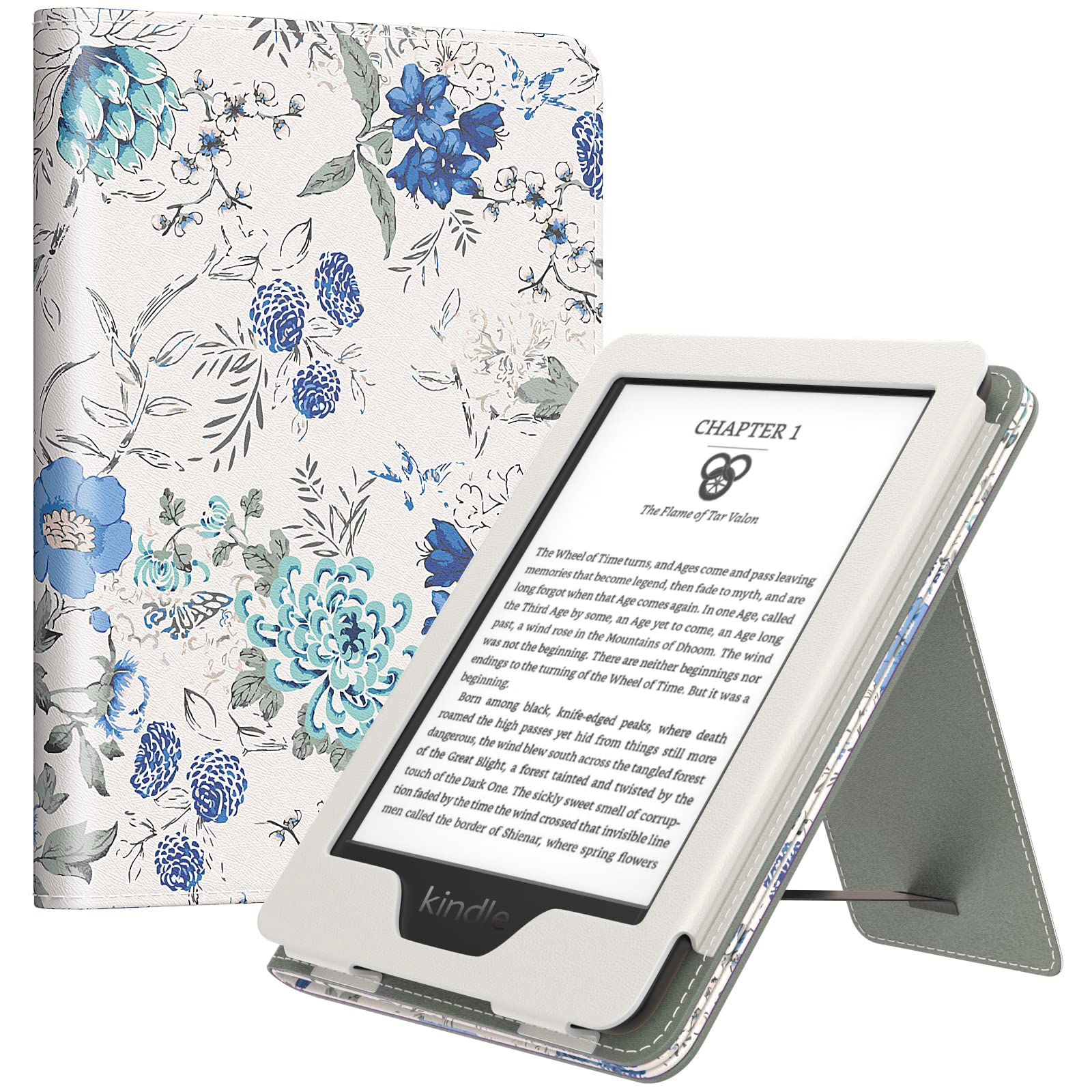 MoKo Case for All-New 6" Kindle(11th Generation, 2024/2022 Release)/(10th/8th Gen, 2019/2016), Ultra Lightweight PU Shell Cover with Auto Wake/Sleep for Kindle 2024, Blue Flower on White