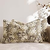 DEZENE Pack of 2 Vintage Floral Pillow Covers 12x20 Boho Farmhouse Accents Chenille Rectangular Lumbar Decorative Throw Pillow Cases for Living Room Couch Bed Home Decor, Beige