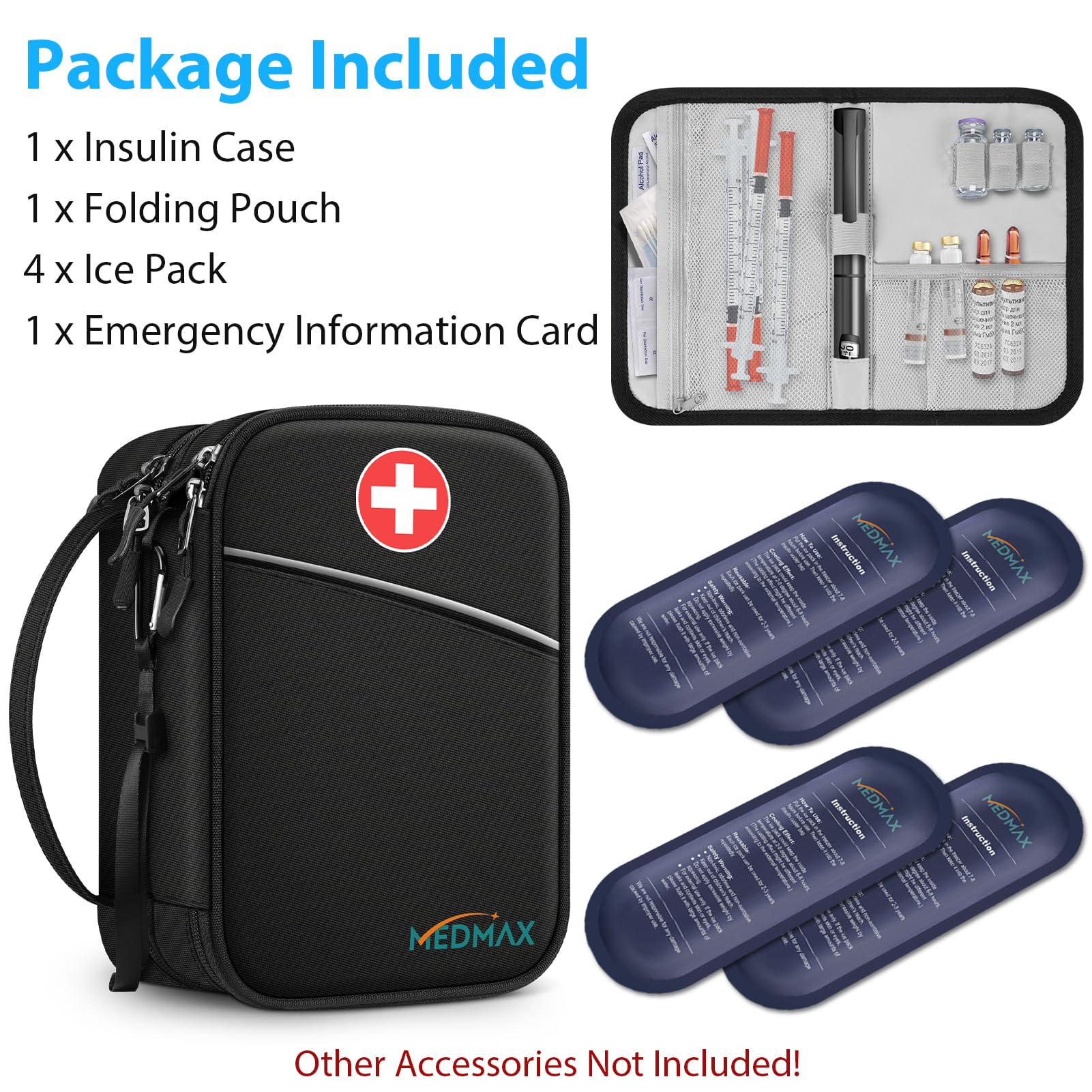 MEDMAX Insulin Cooler Travel Case with 4 Ice Packs TSA Approved, Double-Layer Insulated Diabetic Meds Organizer with Extra Pouches for Insulin Pens, Blood Glucose Monitors and Other Supplies, Black