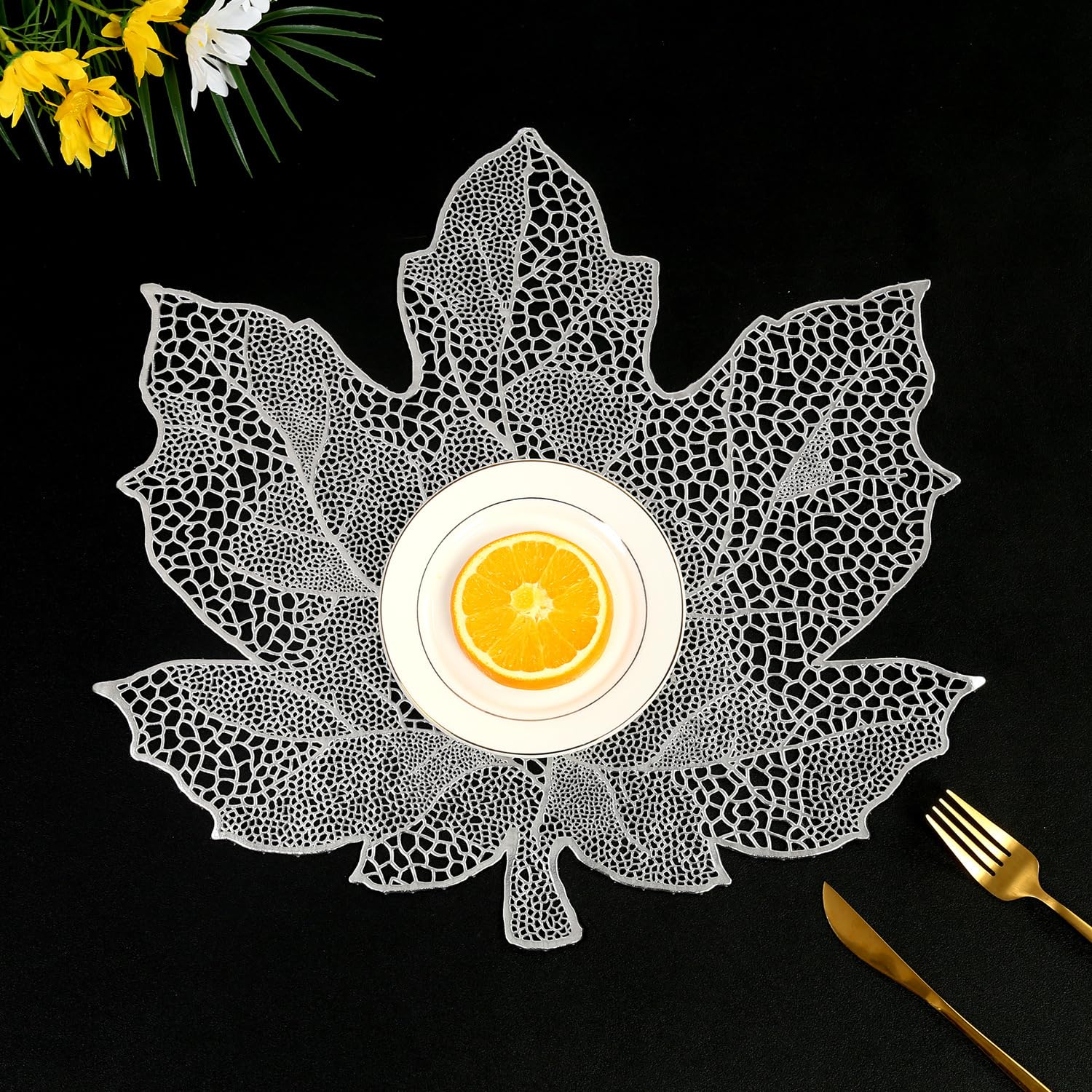 Hosoncovy 4 Pack PVC Maple Leaf Waterproof Oilproof Table Decorative Placemats Set of 4 for Home Table Wedding Party (Silver)