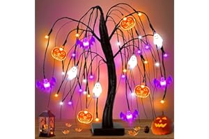 HIPYGYM Halloween Decorations Indoor 18 Inch 36 LED Halloween Willow Tree with Pumpkin Bat Ghost Lights, USB/Battery Operated Black Halloween Tree with Timer, Scary Halloween Decor for Table Home Fireplace