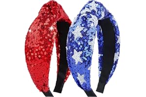 Lanmerry 4th of July Sequin Knotted Headbands for Women Red and Blue Hairband Patriotic Sparkly Thick Headbands Glitter Hair Accessories Girls Fashion Gifts