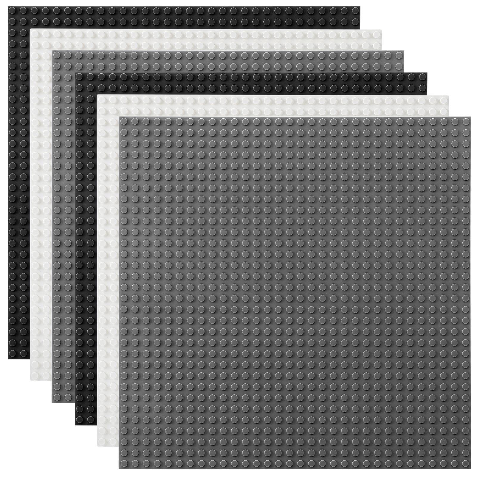 Lekebaby Classic Baseplates 10"x10" Large Building Board Base Plates 100% Compatible with All Major Brands, 6 Pack, For Kids Over Three Years Old,White/Black/Dark Grey