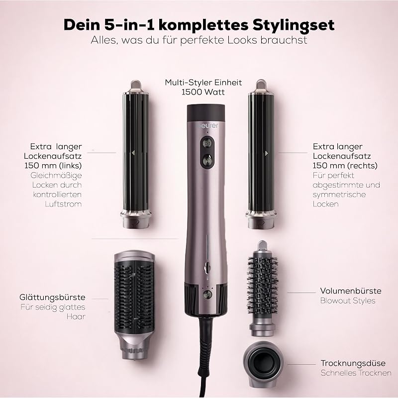 Airstyler 5-in-1 Iconic Pro, Multifunktionaler Haarstyler für Locken, Glätten & Blowout, schonendes Luftstrom-Styling für alle Haartypen, 5 Aufsätze, Föhn, Lockenstab, Glättungsbürste in einem