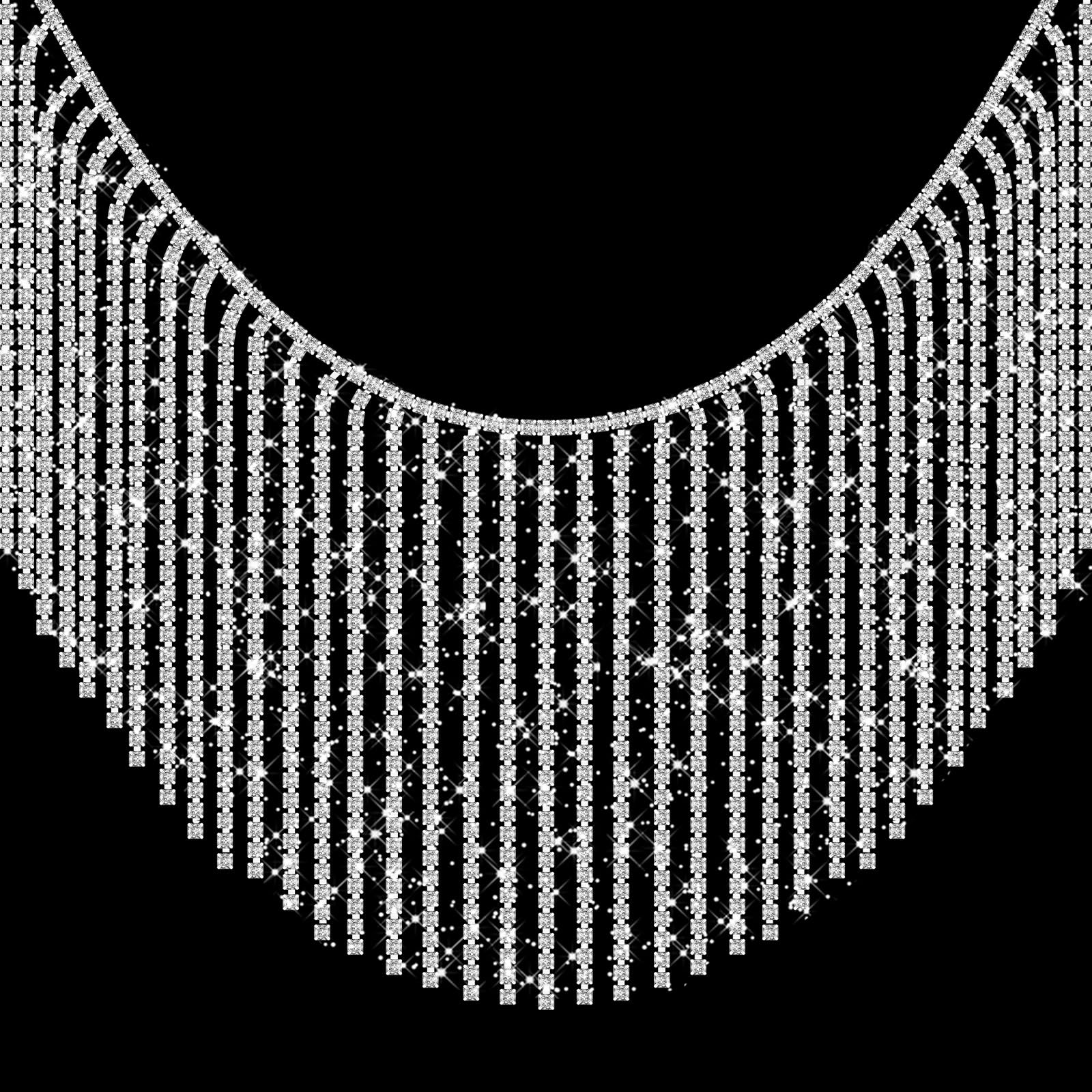 Photo 1 of 2 Yard Silver Rhinestone Fringe Trim, Rhinestone Ribbon Tassel Fringe Trim Diamond Crystal Tassel Chain for Sewing Crafts, Wedding Party Clothing Accessories, DIY Jewelry Decoration