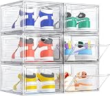 TidyTrove 6pc Clear Plastic Shoe Storage Boxes Stackable Magnetic Door White