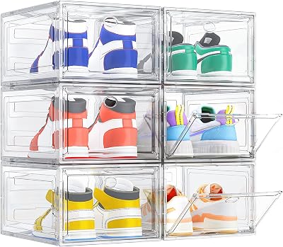 TidyTrove 6pc Clear Plastic Shoe Storage Boxes Stackable Magnetic Door White