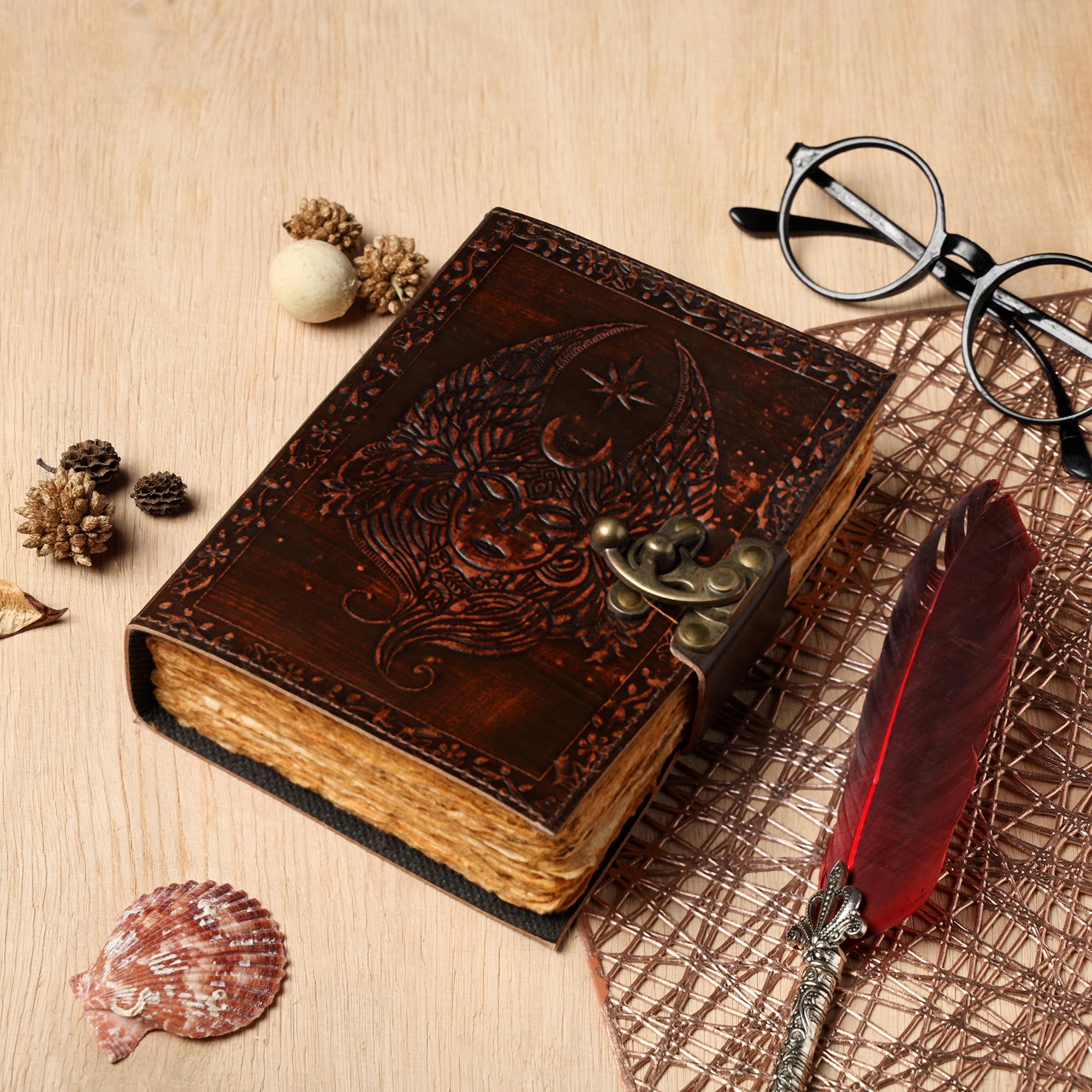 Purpledip Leather Diary Journal With Emboss Design 'Sorceress': Handmade Tree-Free Cotton Paper With Deckled Edges In Antique Finish, Vintage Lock, 7 * 5 Inches, 188 Pages, Eco Friendly Gift (12725)