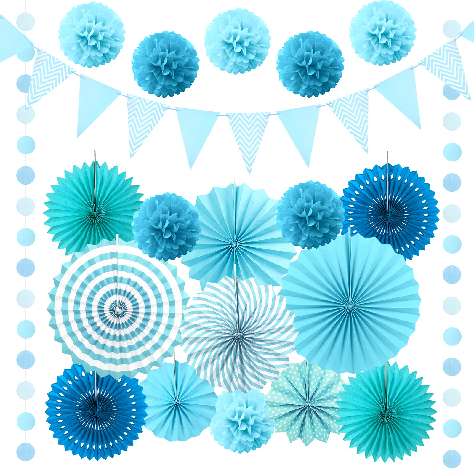 HONMOK 20 Pcs Blue Party Decorations Blue Pom Poms Hanging Paper Fans Flower Honeycomb Balls Polka Dot Garlands Triangle Flags for Boys Birthday Party Christening Baby Shower Decorations