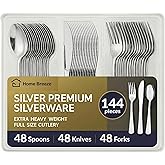 144 Pack Silver Premium Heavy Duty Plastic Silverware, 48 Forks, 48 Spoons, 48 Knives, For Catering, Parties, Dinners and Weddings, BPA-Free, Disposable Plastic Cutlery Set Utensils Set