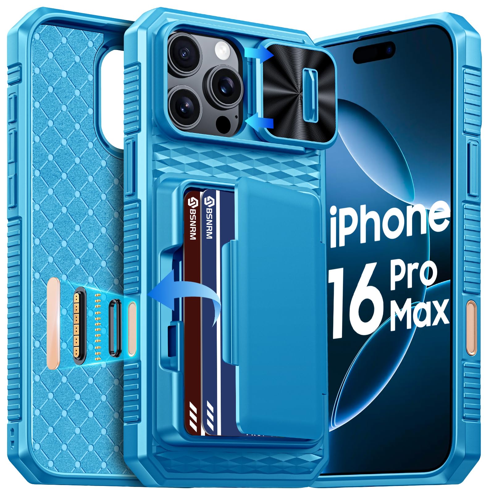 BSNRM for iPhone 16 Pro Max Case with Card Holder (4-5 Cards) [Camera Control Button] [Camera Cover] [RFID Blocking] Shockproof Rugged Silicone Wallet Case Phone for iPhone 16 Pro Max,Metallic Blue