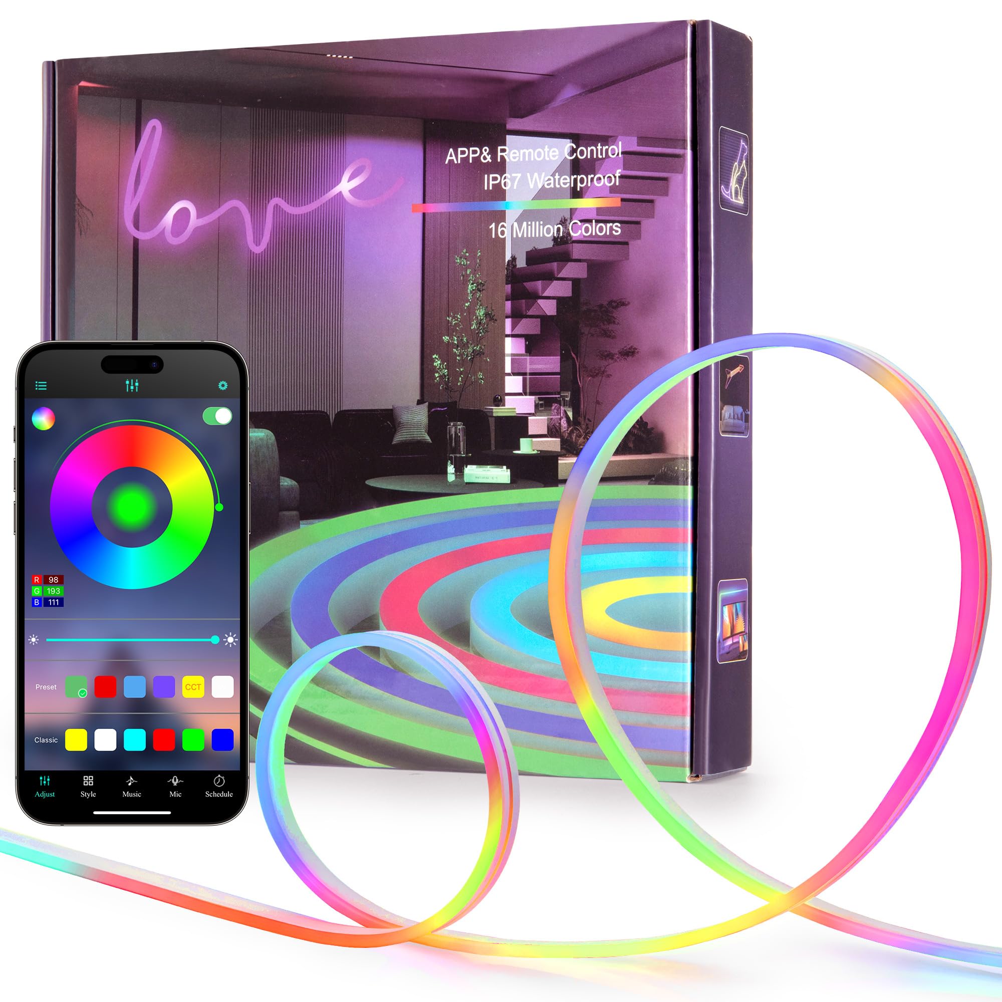 Photo 1 of ***Missing power adapter***ANDOHAI 50FT LED Neon Rope Lights, Flexible Led Rope Lights Control with App/Remote, IP67 Outdoor RGB Color Changing Led Neon Lights Waterproof, Music Sync Led Strip Lights for Bedroom Decor