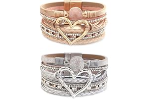 COAUXOG 2Pcs Boho Bracelets Woven Leather Multi-Layer Wrap Bracelet Gold Love Heart Shape Inlaid Rhinestone Stackable Fashion Women Bracelet Jewelry