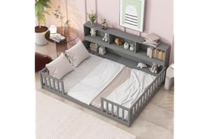 JIVOIT Full Size Floor Bed with Bedside Bookcase and Shelves, Multifunctional Platform Bed with Guardrails, Wood Captain Bed with Storage Headboard, Low Floor Bed for Kids Teens (Grey * Full,Guardrails)