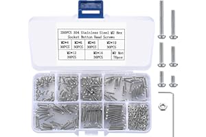 BJBJJIU 250 Pcs Hex Socket Head Cap Button Head Bolts Screws and Hex Nuts with Flat Washers Assortment Kit, M2 Metric Stainless Steel Button Head Socket Cap Screws Bolts Nuts Washers Set