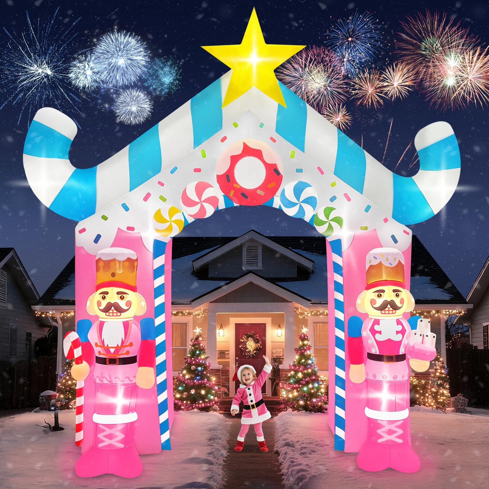 Photo 1 of 12FT Christmas Inflatable Archway with LED Light, Kalolary Christmas Inflatable Outdoor Decoration, Pink Soldier Xmas Blow Up Yard Decorations for Garden Lawn Outdoor Yard Winter Holiday Supplies