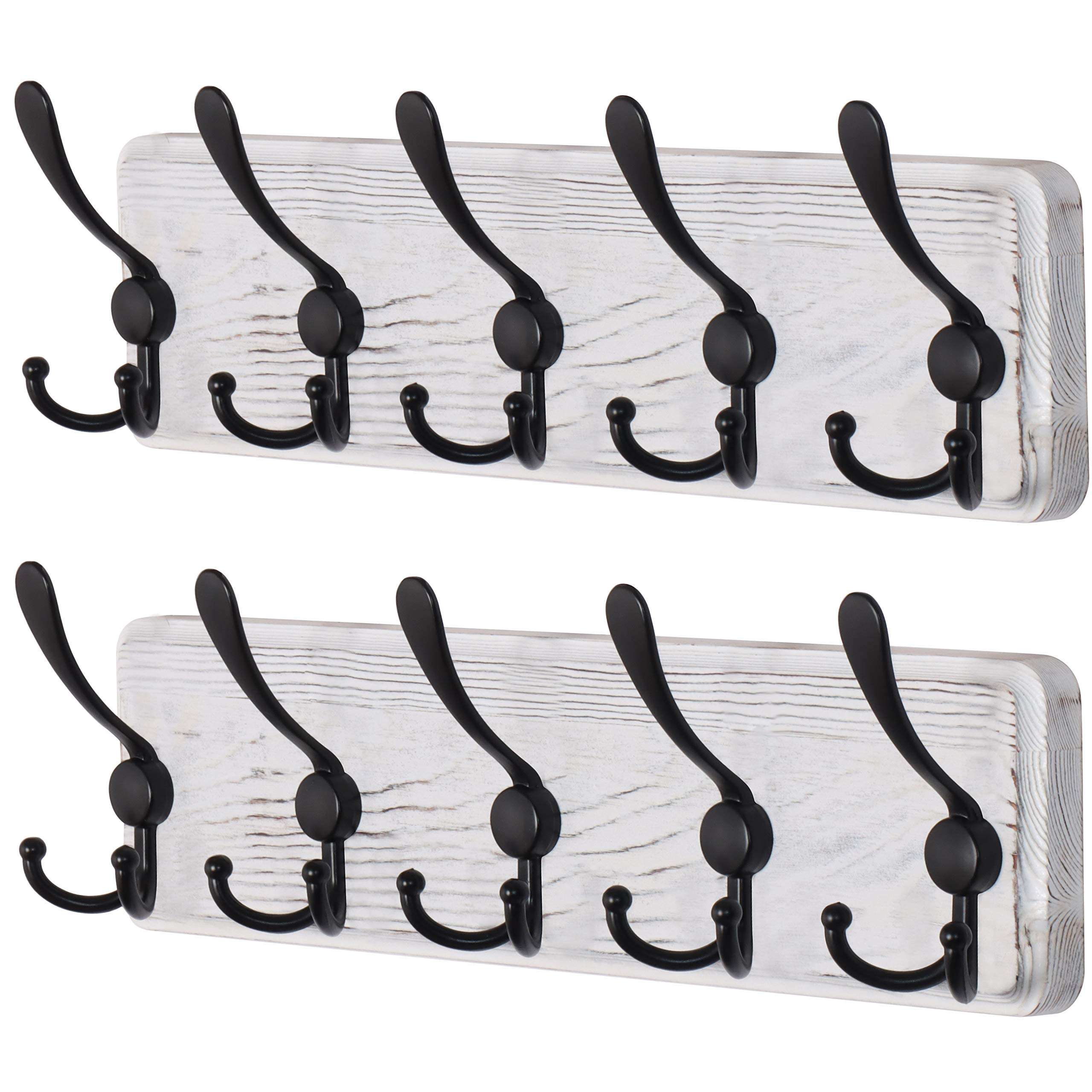 Dseap Coat Rack Wall Mount - Patented, Heavy-Duty, Shabby Chic Wooden Wall Coat Hanger Hook Rail with 5 Triple Hooks for Winter Coats Hat Jacket Clothing, Weathered White & Black, Pack of 2