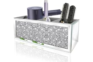 XIHACTY Mirror Hair Dryer Holder.（4 compartments）.Crystal Crush Diamond Hair Tool Organizer Wall Mount. Silver Bathroom Cabinet Tray for Blow Dryers, Hairdryer Straightener, Brushes (14.6”x4”x5”)